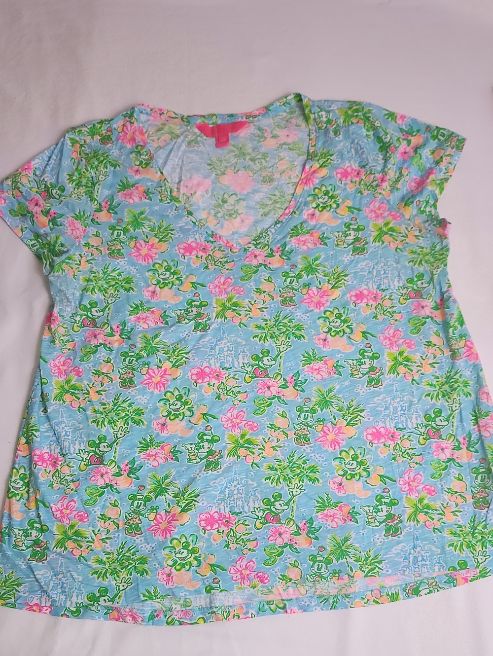 Lilly Pulitzer Sky Blue V-Neck Tee with Pink & Green Floral Print